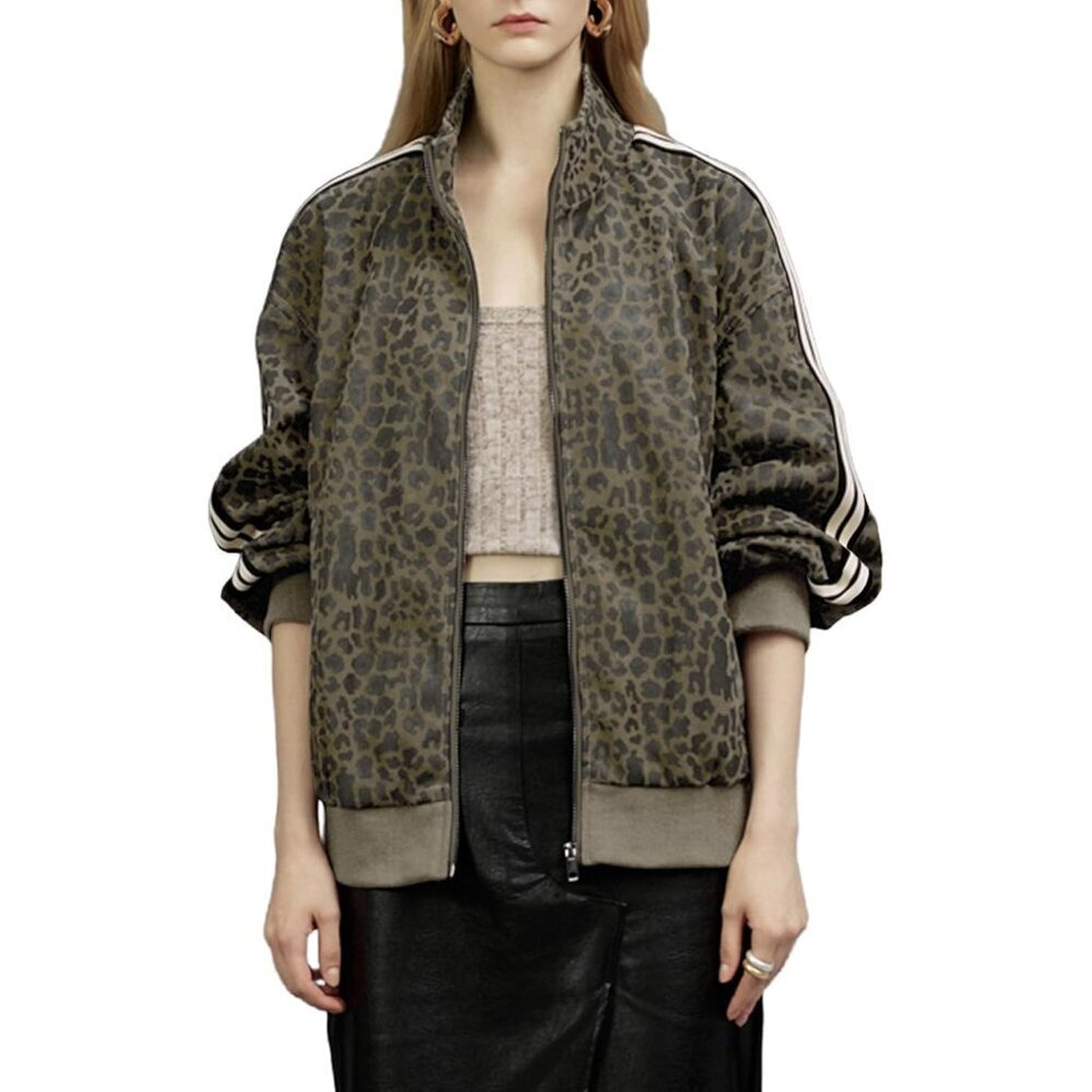 Women's Leopard Print Striped Jacket Zip Up Lightweight Coat Long Sleeve L Brown - Picture 1 of 5